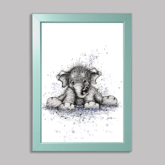 Kleiner Elefant | Hochwertiger Kunstdruck im Bilderrahmen 24,3x33,3cm | Zeichnung Baby Elefant