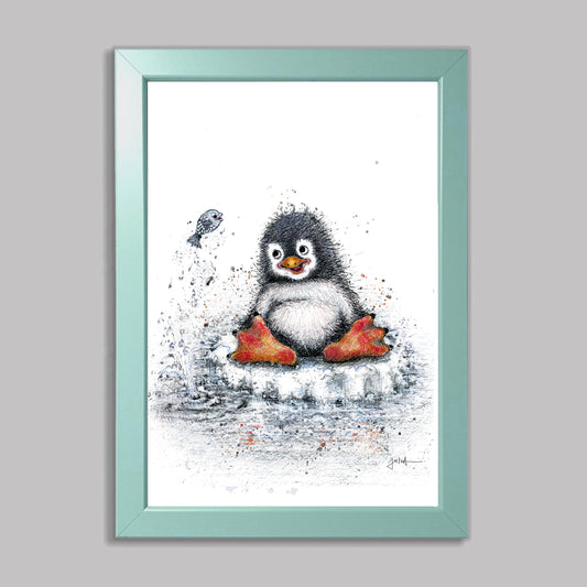 Kleiner Pinguin | Hochwertiger Kunstdruck im Bilderrahmen 24,3x33,3cm | Zeichnung Baby Pinguin