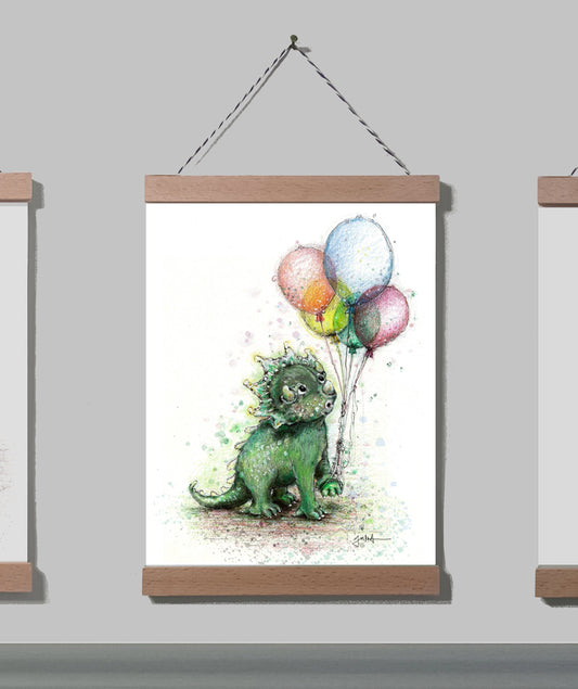 Poster Kleiner Dino A4 | Bild A4 Baby Dino mit Luftballons | Tiermotiv auf Leinwand