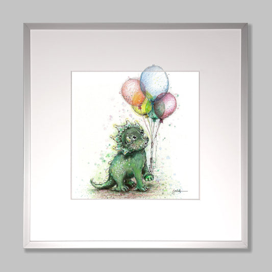 Kleiner Dino Bild | Hochwertiger Kunstdruck im Bilderrahmen 32,5 x 32,5cm | süßes Dino Bild