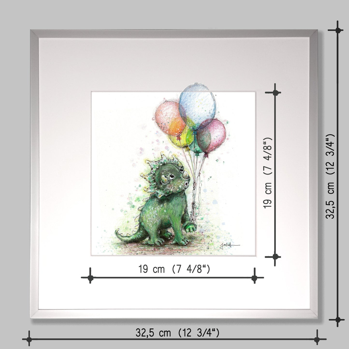 Kleiner Dino Bild | Hochwertiger Kunstdruck im Bilderrahmen 32,5 x 32,5cm | süßes Dino Bild