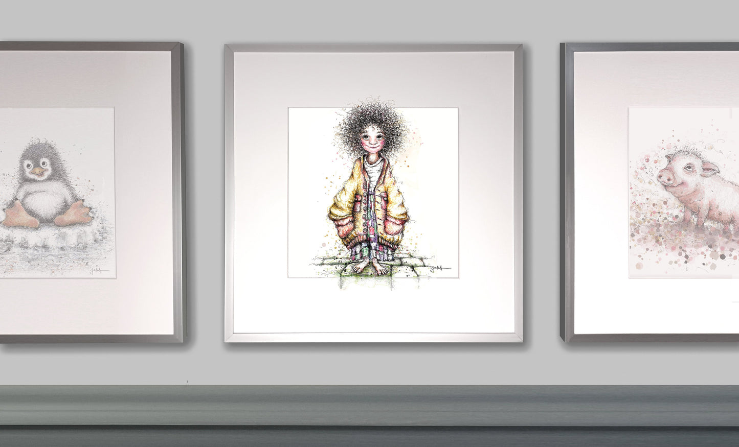 Kleine Momo | Hochwertiger Kunstdruck im Bilderrahmen 32,5 x 32,5cm | Zeichnung Momo