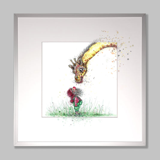 Giraffe mit Zwerg | Hochwertiger Kunstdruck im Bilderrahmen 32,5 x 32,5cm | Zeichnung Giraffe und Zwerg